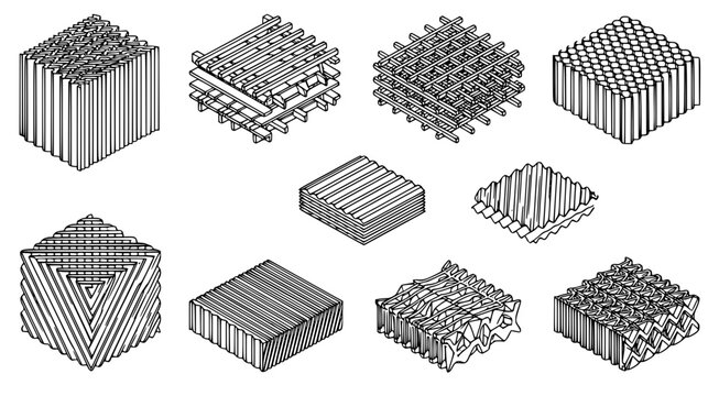 Geometric industrial lattice structures and honeycomb material patterns in isometric view showcasing structural engineering design concepts for additive manufacturing and lightweight components