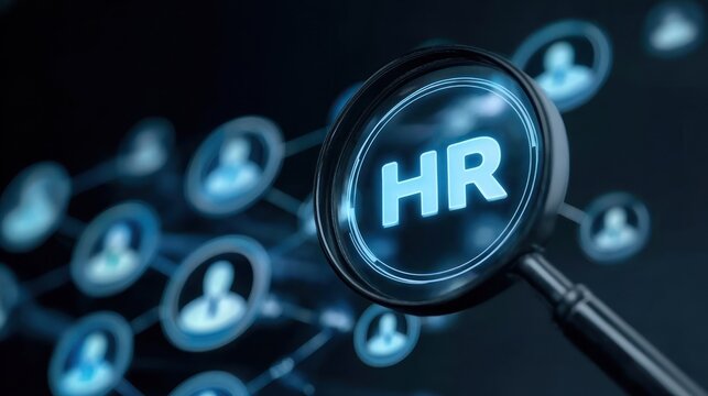 Human resources hr concept with magnifying glass and network of people icons