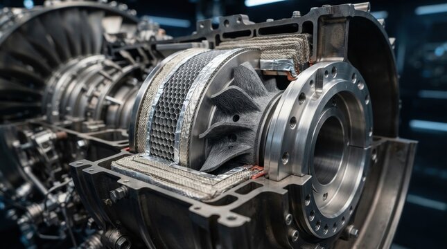 Ceramic matrix composite turbine vane with honeycomb insulation, metal mounting ring, and heat resistant layered materials in an aerospace engine cutaway.
