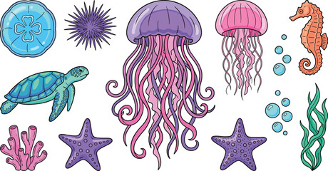 Sea life vector elements set featuring jellyfish sea turtle seahorse starfish coral urchin bubbles and seaweed icons on white background © MstJoynobAkhtar
