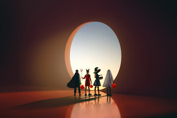 Obraz premium Children in Halloween Costumes Standing Together at Sunset