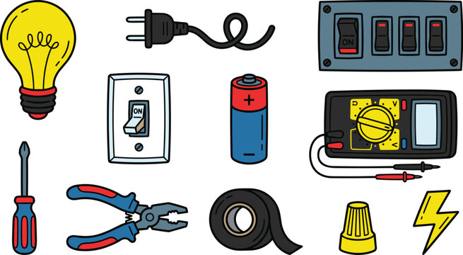 Electrical tools and components vector elements set featuring lightbulb plug switch battery multimeter pliers screwdriver electrical tape on white background