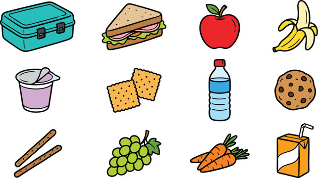 Cute school lunch vector elements set featuring healthy snacks sandwich apple banana box cookie bottle juice and carrot icons on white background