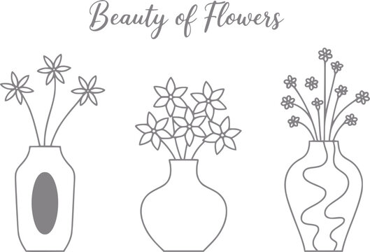 L&iacute;nea minimalista con tres jarrones decorativos llenos de varias flores simples dibujadas a mano