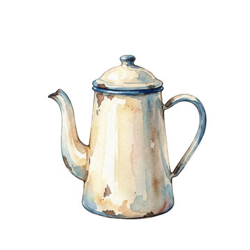 Vintage rustic enamel coffee pot illustration for a cozy watercolor winter isolated on transparent background