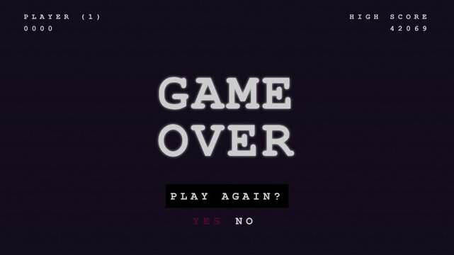 arcade style game over screen with glitch effects and neon red play again buttons on dark background.