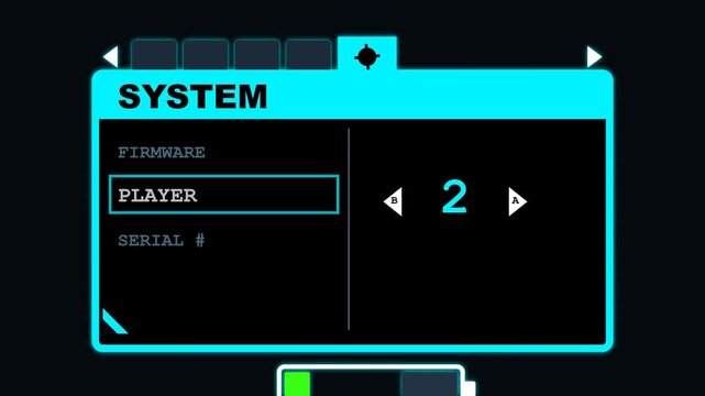 Navigating the Futuristic System Menu Interface with Player Settings and Battery Indicator.