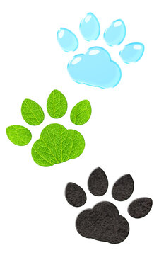 Save wildlife, protect nature reserve. 3d animal paws prints with green leaf, soil, water texture. Footprint of an animal, featuring nature. Zero waste, responsible consumption, eco-friendly concept