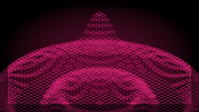 Abstract Digital Waveform Visualization with Pulsing Pink Geometric Grid Patterns.