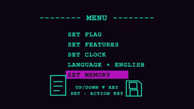 Retro Computer Menu Interface Navigation Video Screen.