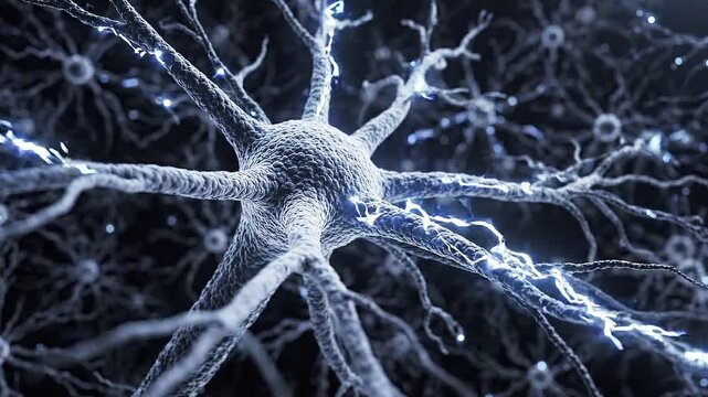 Neuron structure with branching axons and glowing synapses, showcasing intricate details of neural connections in a dark, abstract environment