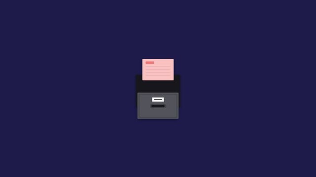 Minimalist Animation of a Digital Printer Producing Colorful Paper Sheets.