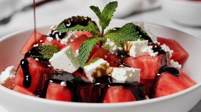 Balsamic glaze pouring over fresh watermelon and feta salad garnished with mint.