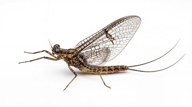 Detailed mayfly insect captured in high resolution photography featuring intricate wing venation on white background