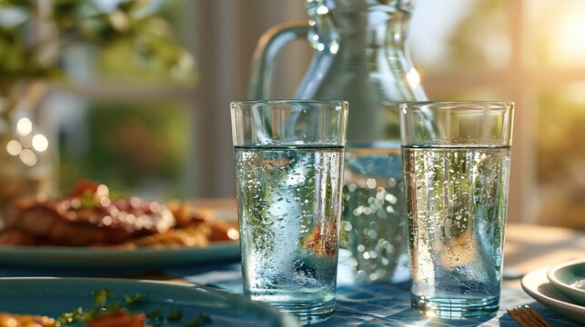 Cold water glasses and a carafe sit on a table with a meal in the bright natural afternoon light