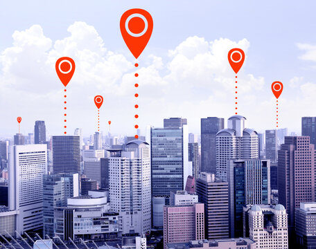 Network connection concept. Aerial view on Osaka with white location pin. Global positioning system pin map. Map pins with Osaka city, Japan. Modern travel, sightseeing and tourism concept