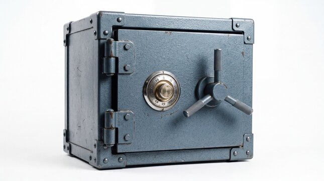 Vintage heavy steel safe featuring rotating combination dial lock and industrial handle isolated on white background