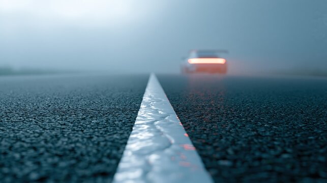 Sportscar moving down a lonely road with red taillights shining through deep evening mist
