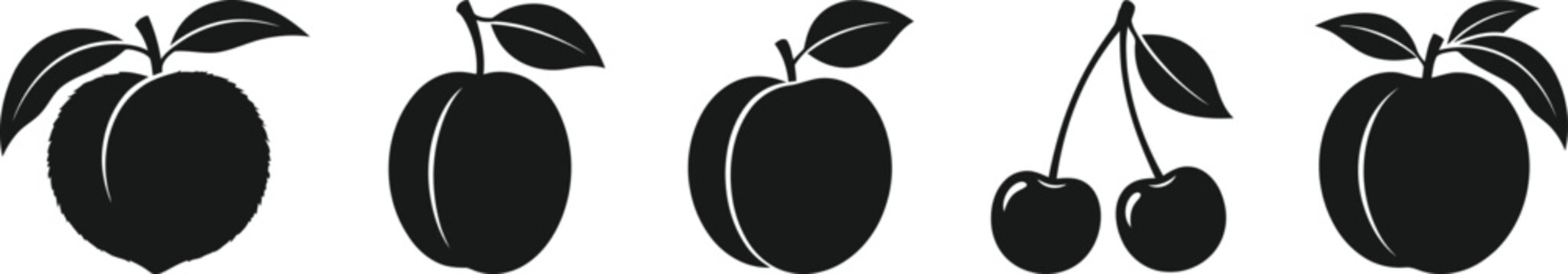 Fruit silhouette collection peaches and cherries isolated on transparent background