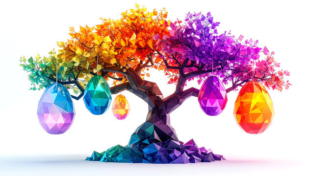 Abstract rainbow tree decorated with colorful gem eggs