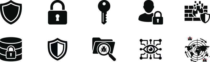 Cyber security privacy and data protection icon bundle featuring shield lock key and firewall solid vector outline symbols © nazmulgraphix