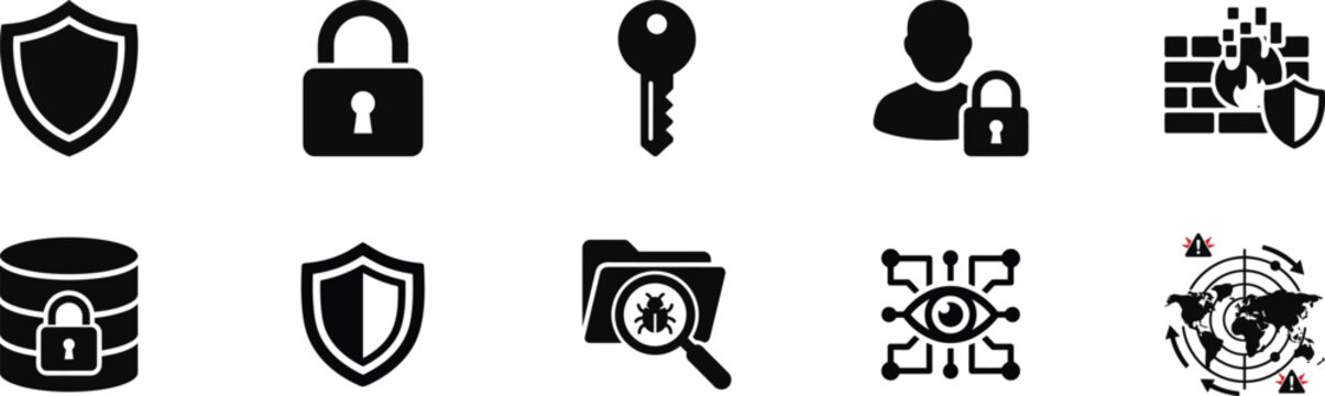 Cyber security privacy and data protection icon bundle featuring shield lock key and firewall solid vector outline symbols