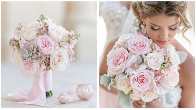 Bride gently holding a floral bouquet of roses and pearlescent flowers during her wedding morning