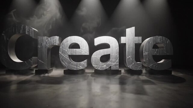 Large illuminated letters spelling "Create" transition from warm glow to metallic sheen, surrounded by smoke and dramatic lighting in a dark studio setting