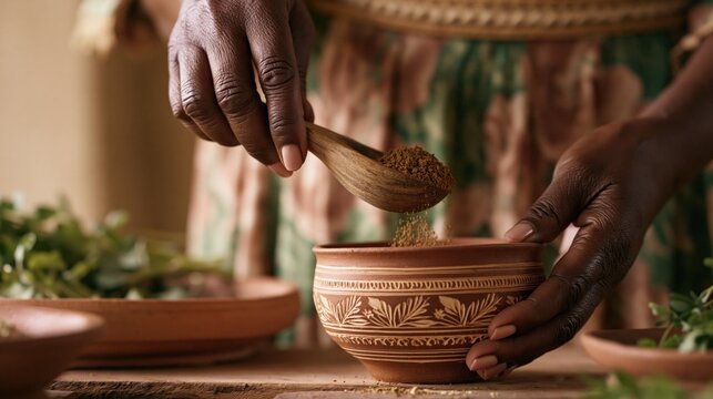Elderly East African hands pour moringa powder from a wooden spoon into a ceramic cup at morning