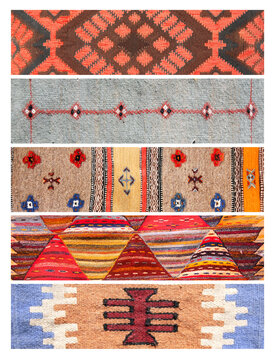 Set of vertical or horizontal banners with textures of berber traditional wool carpet with geometric pattern, Morocco, Africa. Handmade carpets collection. Oriental wool rugs with intricate designs