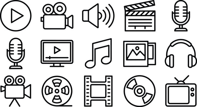 Multimedia and video production line icons set containing media player camera clapperboard microphone headphones film reel television linear vector illustration pack