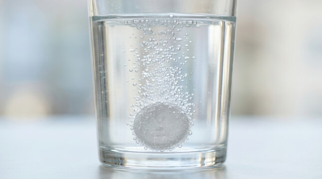 Effervescent tablet dissolving in clean water inside transparent glass showing bubbles and easy access to hydration and health benefits