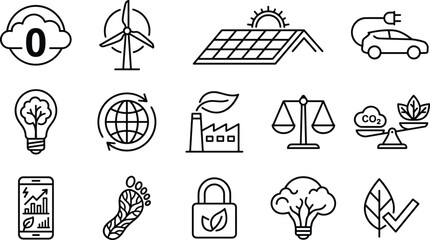 Ecology and green energy line icons set featuring net zero carbon footprint wind turbine solar panel electric vehicle linear vector illustration © MstJoynobAkhtar
