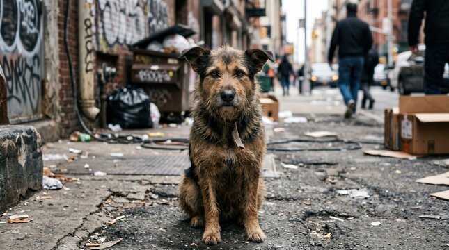 Stray scruffy dog sitting on a dirty city sidewalk. Pedestrians and garbage in the blurred background.
