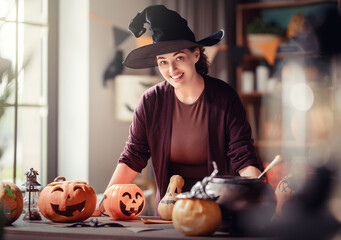Obraz premium Cheerful Woman in Witch Hat Carving Pumpkins for Halloween