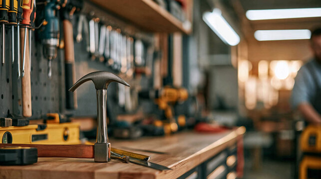 Workbench displaying a claw hammer, measuring tape, and knife. Tools hanging on a pegboard with a blurred person working