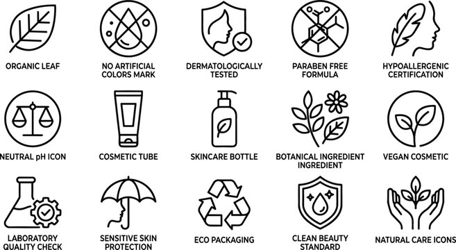Organic Cosmetic and Clean Beauty Line Icon Set with Dermatologically Tested, Vegan, Paraben Free, and Eco Friendly Skincare Product Badge Symbols