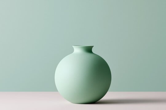 Minimalist green round vase stands on a smooth surface against a soft light green studio background