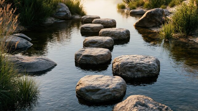 Disconnected stone stepping path stops in the middle of a clear flowing water stream at dawn