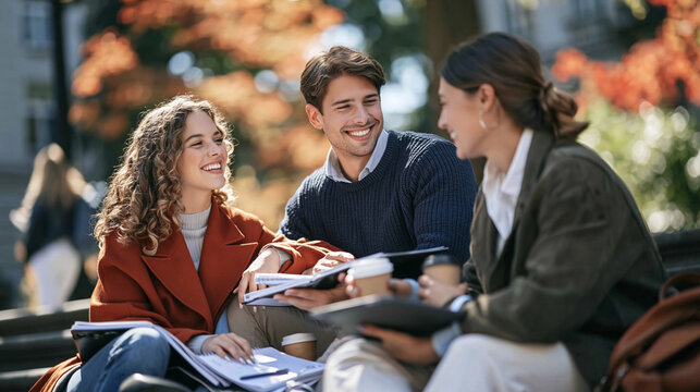 Diverse group of university students smiling, studying, and discussing outdoors on campus during a sunny autumn day