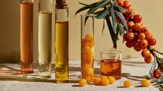 Scientific experiment showing natural sea buckthorn berries and golden plant oils in glass tubes