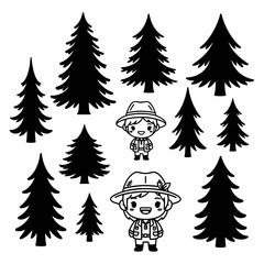 Obraz premium VectorGen_diverse-set-of-woodland-fir-an_25_v_uxokkmg3: Detailed woodland exploration scene featuring diverse fir trees and cartoon characters on transparent background