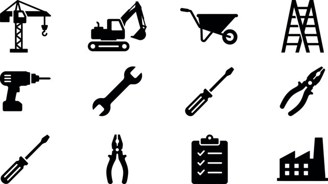 Construction tools heavy machinery icon set vector silhouette