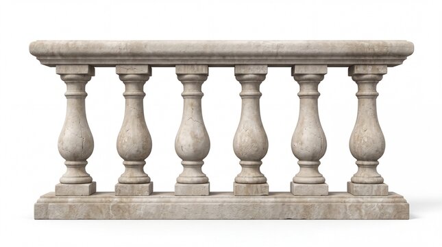 Classic stone balustrade featuring weathered texture and antique architectural style isolated strictly on white background