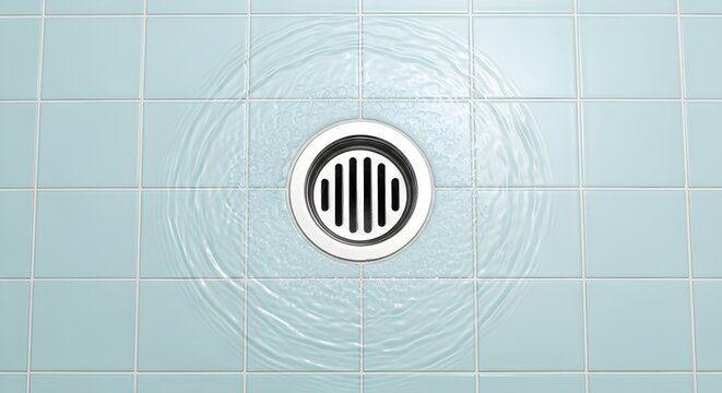 Water Swirling Down a Shower Drain on a Tiled Floor with Ripples