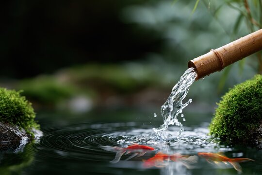 Clear spring water splashes into a forest pond with bright goldfish swimming below the surface
