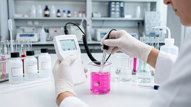 Scientist measuring pH level of pink liquid chemical in laboratory beaker