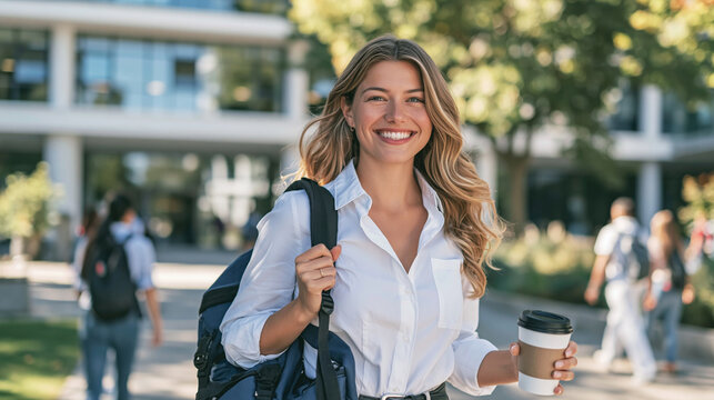 Young woman smiling while walking outdoors on a college campus, holding a takeaway coffee, representing student lifestyle