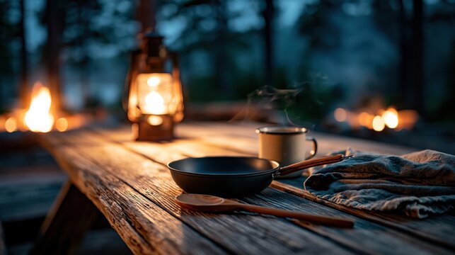 Empty camping pan and mug sit on a rustic table lit by warm lantern light in the deep forest night