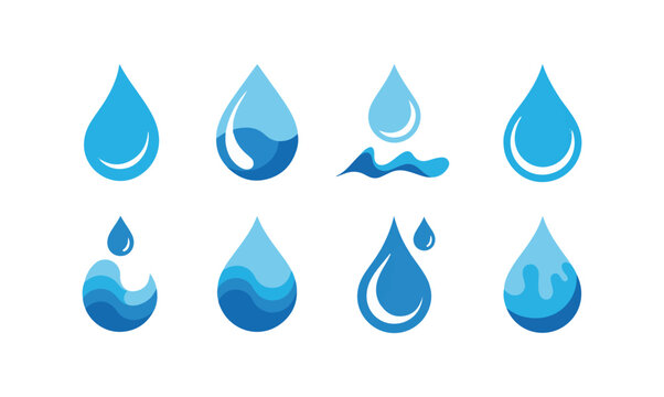 Set of blue water drop icons with wave patterns isolated on white transparent backgrounds.
